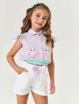 Conjunto Infantil Menina Camisa Gatinha E Short Verde E Off White Mundo Cinti