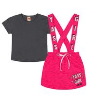 Conjunto Infantil Menina Camiseta e Jardineira Estampa Yass Girl