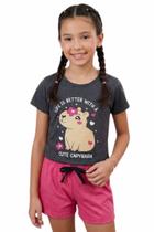 Conjunto Infantil Menina Capivara Blusa Estampada e Shorts Meia Malha Algodão