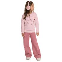 Conjunto Infantil Menina Casaco E Calça Wide Leg Moletom Peluciado Rosa Laços - By Gus Conjunto Infantil Menina Casaco E Calça Wide Leg Moletom Peluciado Rosa Laços - By Gus