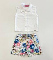 Conjunto Infantil Menina Cinti Camisa Branca Com Strass e Shorts Floral Verão Passeio