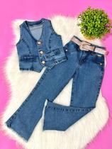Conjunto Infantil Menina Colete e Calça Flare Jeans Com Lycra Moda Inverno Country