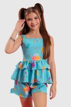 Conjunto Infantil Menina Combinadinho Blusa Peplum e Short Azul