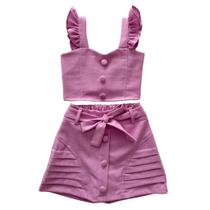 Conjunto Infantil Menina Cropped Com Alça de Babadinho e Shorts Saia Moda Blogueira Para Natal Ano N