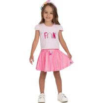 Conjunto Infantil Menina Cropped Em Cotton E Saia Finesse Com Short 2 peças - Pic Nic