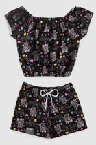 Conjunto Infantil Menina Cropped Gato Estampa