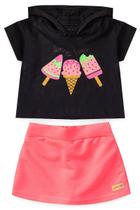 Conjunto Infantil Menina Cropped Sorvete C/ Capuz Shorts Saia