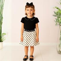 Conjunto Infantil Menina Elegante 4 a 10 anos Saia Viscose e Blusa Gola Boneca Preto Conjunto Infantil Menina Elegante 4 a 10 anos Saia Viscose e Blusa Gola Boneca Preto
