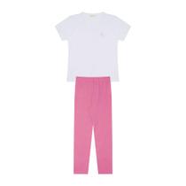 Conjunto Infantil Menina Em Cotton, Blusa Básica Branca E Legging Rosa