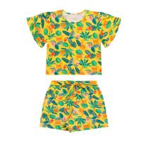 Conjunto Infantil Menina Em Cotton, Blusa Com Detalhes Nas Mangas, Shorts Com Amarração - Amarelo