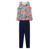 Conjunto Infantil Menina Em Cotton, Regata Flores Rosa E Legging Azul Marinho