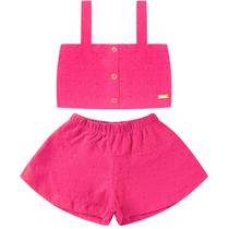 Conjunto infantil menina em lasie cropped com botões + shorts godê tamanho 1 ao 3 - pink