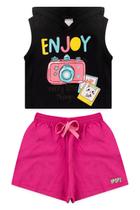 Conjunto Infantil Menina Enjoy Preto Regata Com Capuz