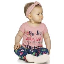 Conjunto Infantil Menina Flamingos Rosa/Azul Marinho