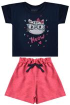 Conjunto Infantil Menina Gatinha Azul Marinho e Rosa Neon