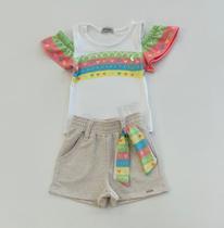 Conjunto Infantil Menina Infanti Blusa e Shorts Bege Detalhes Coloridos Moda Premium Conjunto Infantil Menina Infanti Blusa e Shorts Bege Detalhes Coloridos Moda Premium