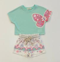 Conjunto Infantil Menina Infanti Blusa Verde Água Com Borboleta E Shorts Estampado