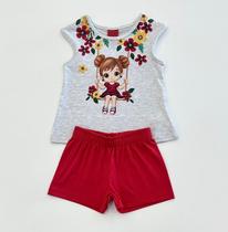 Conjunto Infantil Menina Kyly Blusa Estampada e Shorts Moletom Confortável Verão Passeio Infantil 3 Cores
