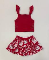 Conjunto Infantil Menina Kyly Blusa Vermelha Flor e Saia Folhagens Natal Moda Kids Verão Conjunto Infantil Menina Kyly Blusa Vermelha Flor e Saia Folhagens Natal Moda Kids Verão