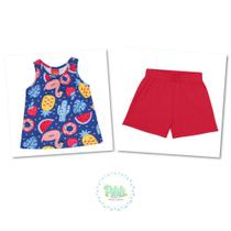 Conjunto Infantil Menina Kyly Regata Algodão Shorts Cotton Azul/Vermelho