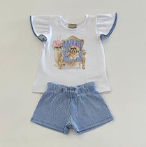 Conjunto Infantil Menina Milon Blusa Cachorrinha no Trono e Shorts Azul Elegante Verão Conjunto Infantil Menina Milon Blusa Cachorrinha no Trono e Shorts Azul Elegante Verão