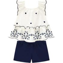 Conjunto Infantil Menina Milon Branco Azul Blusa leve Estampa Floral Short Elástico na Cintura