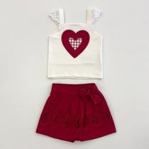 Conjunto Infantil Menina Milon Cropped Off Bordado Coração e Short Saia Vermelho Natal Moda Kids Conjunto Infantil Menina Milon Cropped Off Bordado Coração e Short Saia Vermelho Natal Moda Kids