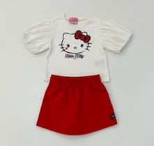 Conjunto Infantil Menina Momi Hello Kitty Blusa Branca Estampada E Shorts Saia Vermelho
