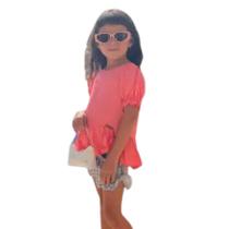 Conjunto Infantil Menina Shorts Xadrez e Blusa Salmão Despojado e Meigo