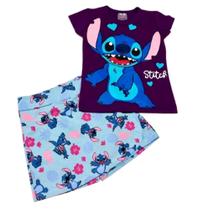 Conjunto Infantil Menina Stitch Blusa E Shorts Saia