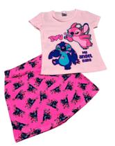 Conjunto Infantil Menina Stitch Blusa Shorts Saia Rosa Neon