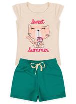 Conjunto Infantil Menina - Swet Summer - Off White e Verde Água