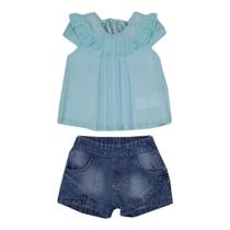 Conjunto Infantil Menina Verão Bata Devorê Azul E Short Jeans 2 peças Tam 2 a 4 - Paraíso