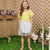 Conjunto Infantil Menina Verão Blusa Canelado Trançado com Saia em Tule Bordado - Infanti Conjunto Infantil Menina Verão Blusa Canelado Trançado com Saia em Tule Bordado - Infanti