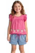 Conjunto Infantil Menina Verão Blusa com Babados Estampa Morango e Shorts Moletinho