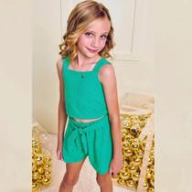 Conjunto Infantil Menina Verão Blusa Cropped e Shorts em Laise Lisboa Verde - Infanti