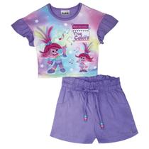 Conjunto Infantil Menina Verão Blusa Cropped em Meia Malha e Shorts em Sarja Stretch Trolls 4 a 10 - Kukiê