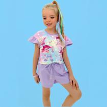 Conjunto Infantil Menina Verão Blusa Cropped em Meia Malha e Shorts em Sarja Stretch Trolls - Kukiê