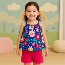 Conjunto Infantil Menina Verão Blusa e Short Meia Malha Confortável Sofisticado Kyly 1001009