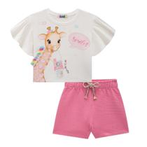 Conjunto Infantil Menina Verão Blusa em Meia Malha e Shorts em Moletom Relevo Girafa 4 a 14 - Kukiê