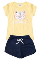 Conjunto Infantil Menina Verão Blusa Gatinha Meow com Shorts Moletinho Roupa Infantil Feminina