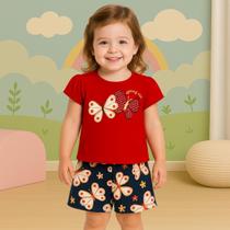 Conjunto Infantil Menina Verão Blusa Vermelha com Borboletas e Short Azul Marinho kylly 1001015 Conjunto Infantil Menina Verão Blusa Vermelha com Borboletas e Short Azul Marinho kylly 1001015