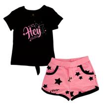 Conjunto Infantil Meninas Blusa e Short Preto e Rosa Açucena