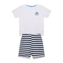 Conjunto Infantil Menino, Camiseta Branca Com Estampa De Coqueiro E Bermuda Azul Listrado