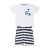 Conjunto Infantil Menino, Camiseta Branca Com Estampa De Tucano E Bermuda Azul Listrado