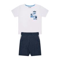 Conjunto Infantil Menino, Camiseta Branca Com Estampa De Tucano E Bermuda Mescla Azulado