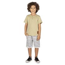 Conjunto Infantil Menino Camiseta C/ Botões E Bermuda Listrada Super Estiloso
