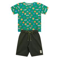 Conjunto Infantil Menino, Camiseta Em Cotton Verde Com Estampa De Macaco E Bermuda Moletinho Verde Militar