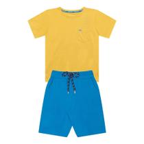 Conjunto Infantil Menino, Camiseta Flamê Amarela e Bermuda Azul Royal Conjunto Infantil Menino, Camiseta Flamê Amarela e Bermuda Azul Royal