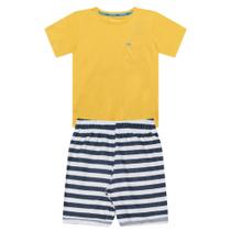 Conjunto Infantil Menino, Camiseta Flamê Amarela e Bermuda Listrada Conjunto Infantil Menino, Camiseta Flamê Amarela e Bermuda Listrada